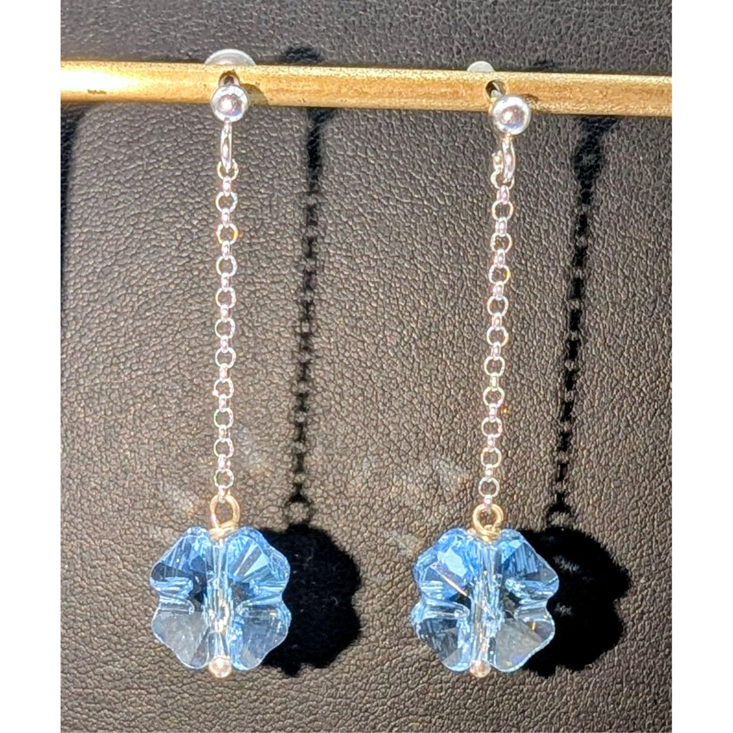 925 Sterling Silver Chain Drop Blue Crystal Flower Dangle Post Pierced Earrings