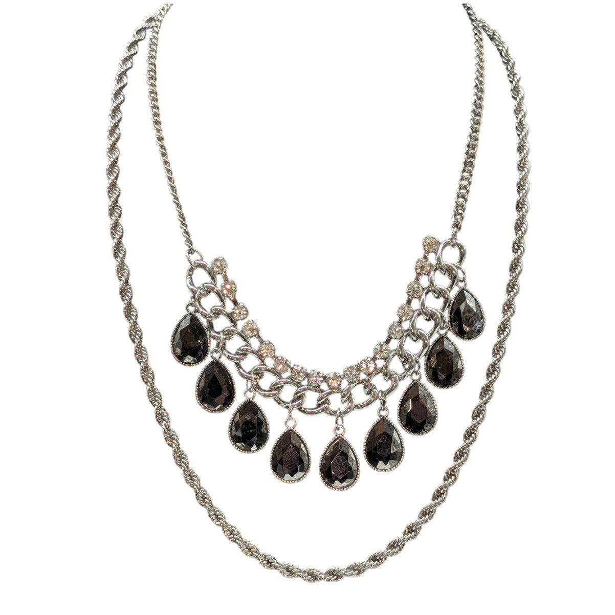 Lot of Two Silver Tone Rope Chain & Rhinestone Teardrop Dangle Necklaces