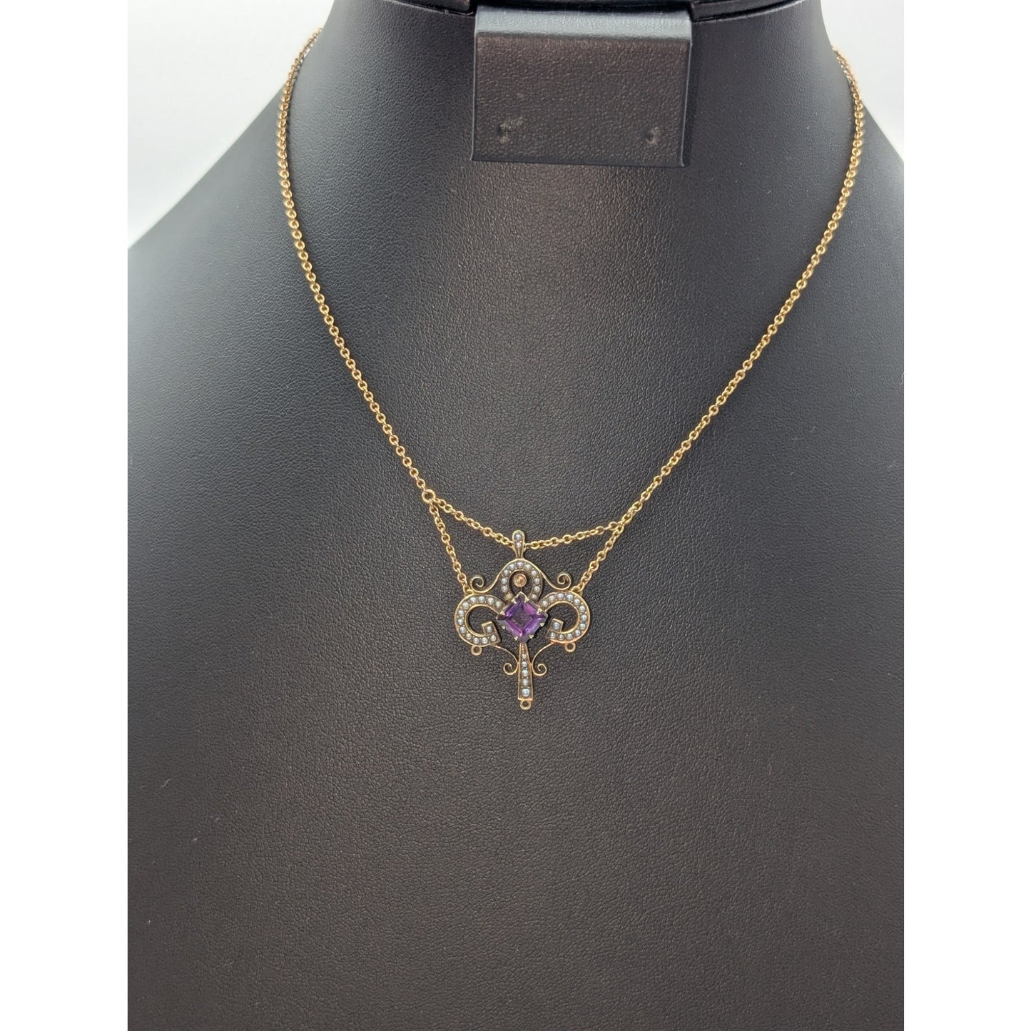 Antique 14k Yellow Gold Art Nouveau Amethyst Seed Pearl Festoon 15.5" Necklace