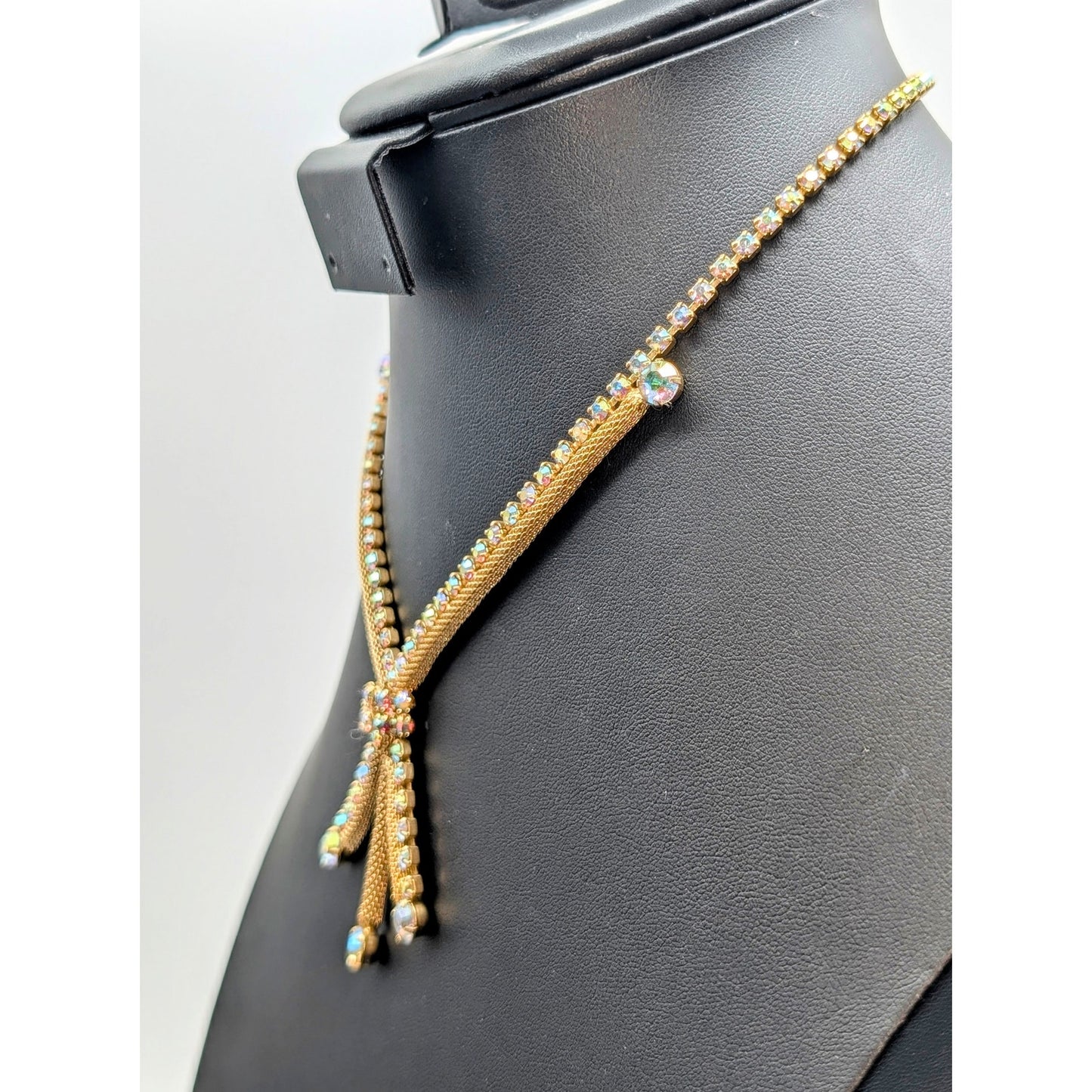 Vintage Aurora Borealis Rhinestone Gold Tone Mesh Tassel 15" Necklace