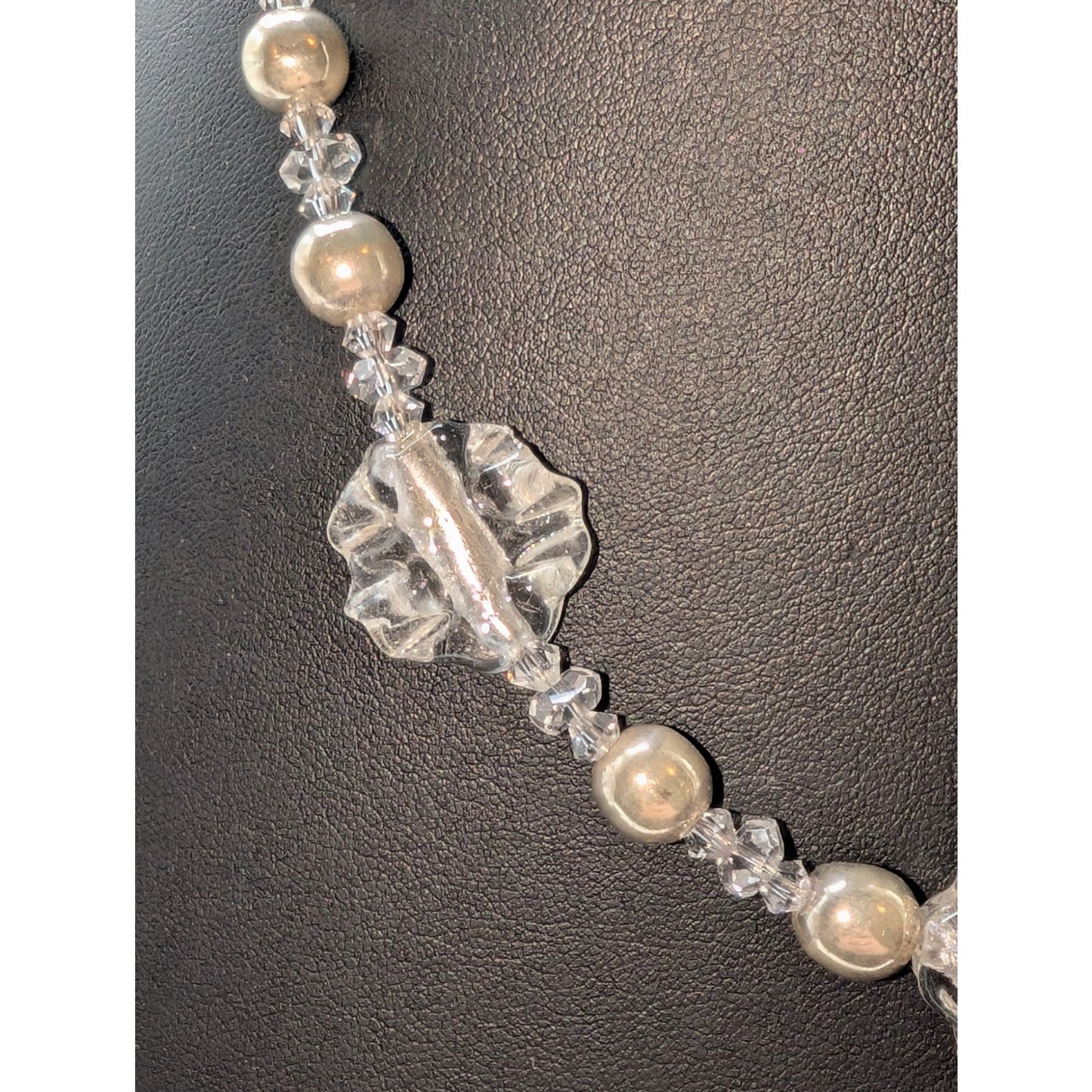VTG 925 Sterling Silver Bead & Ruffled Foil Glass Bead Crystal 18" Necklace