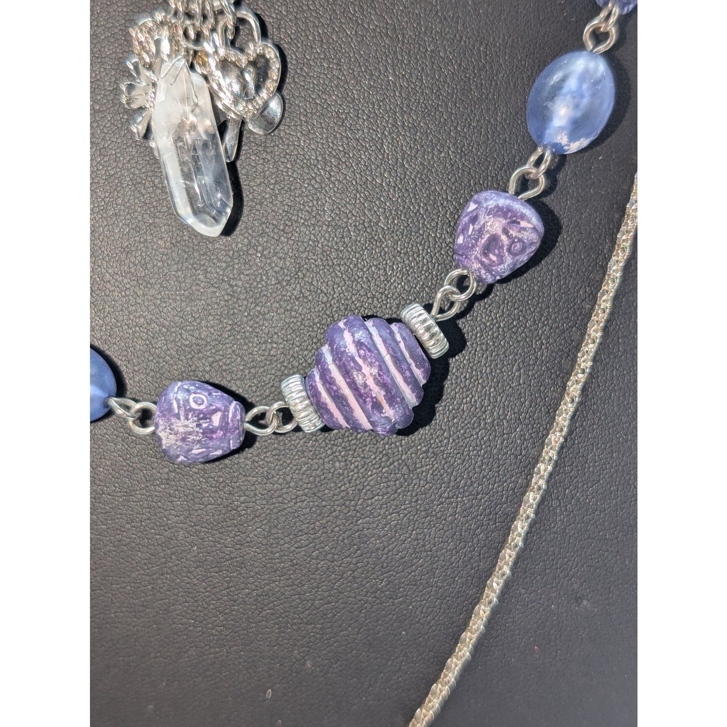 Lot of Three Silver Tone Necklaces --Vtg Long Chain Purple Bead & Charm Pendant