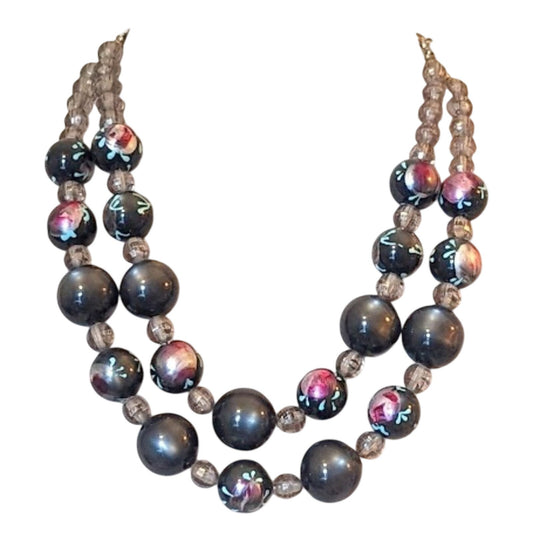 Vintage Black Flower Bead Multi-strand Choker Necklace