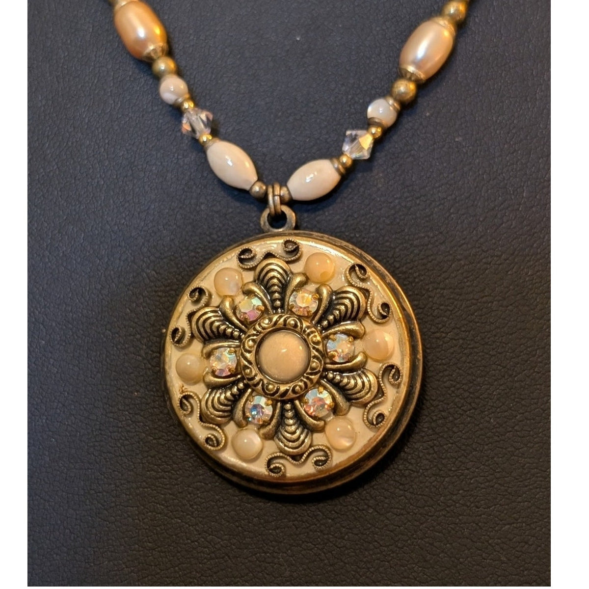 Signed Michal Golan Pearl Crystal Victorian Locket 18"-21.5" Necklace