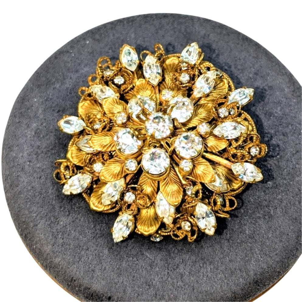 Vintage Signed Amourelle Frank Hess Jeweled Lacy Filigree Brooch