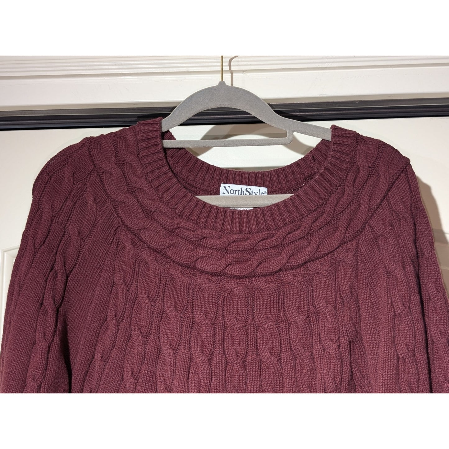 NorthStyle Burgundy Cable 100% Cotton 3/4 Bell Sleeve Sweater Women's Sz XL