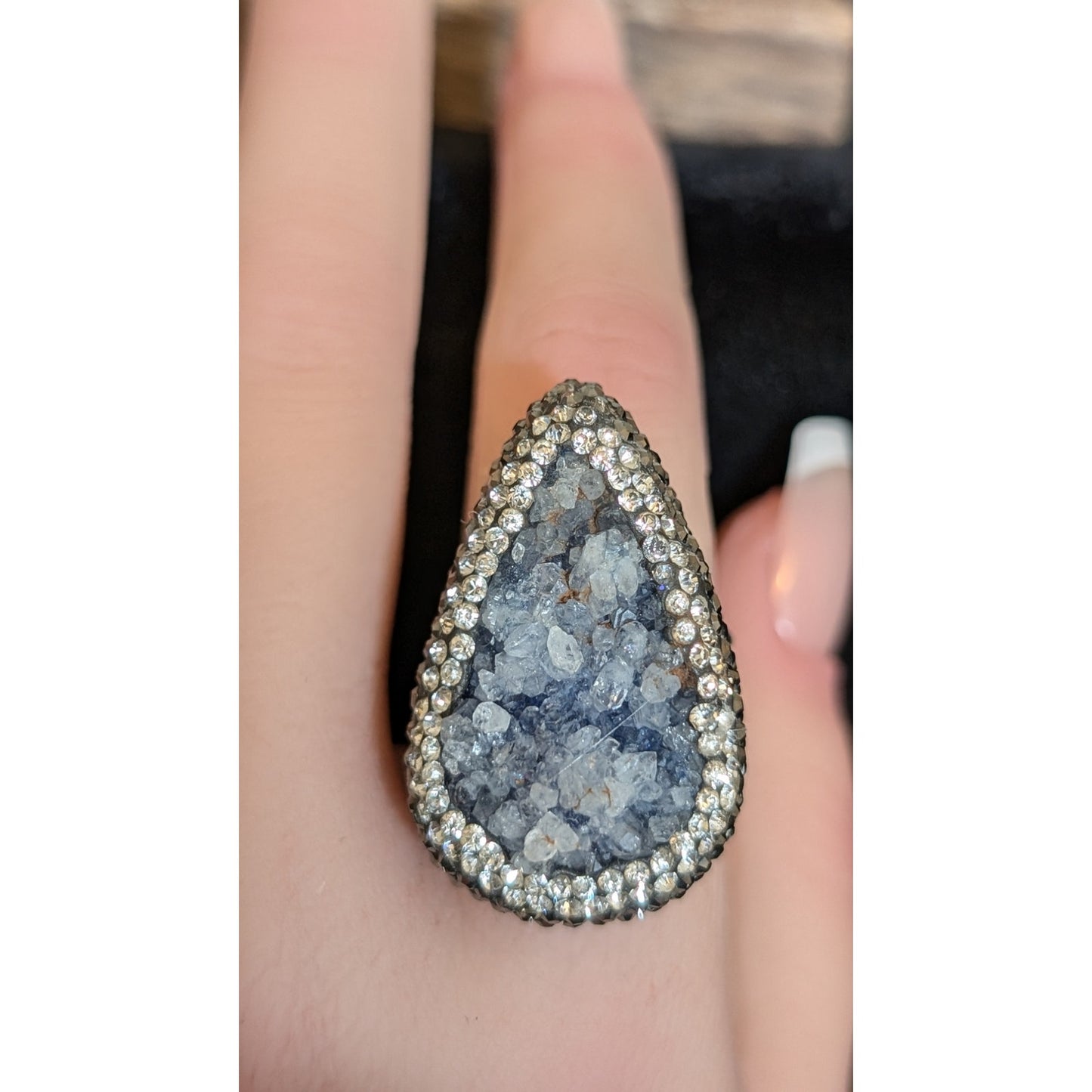 Druzy Marcasite Cubic Zirconia Sterling Split Shank Adjustable Statement Ring