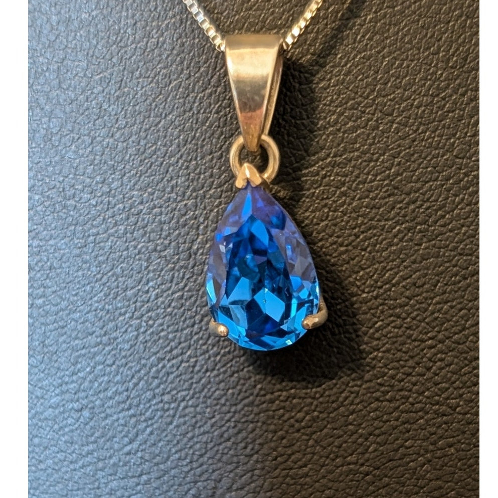 Blue Crystal Teardrop 925 Sterling Silver Pendant & 18" Box Chain Necklace