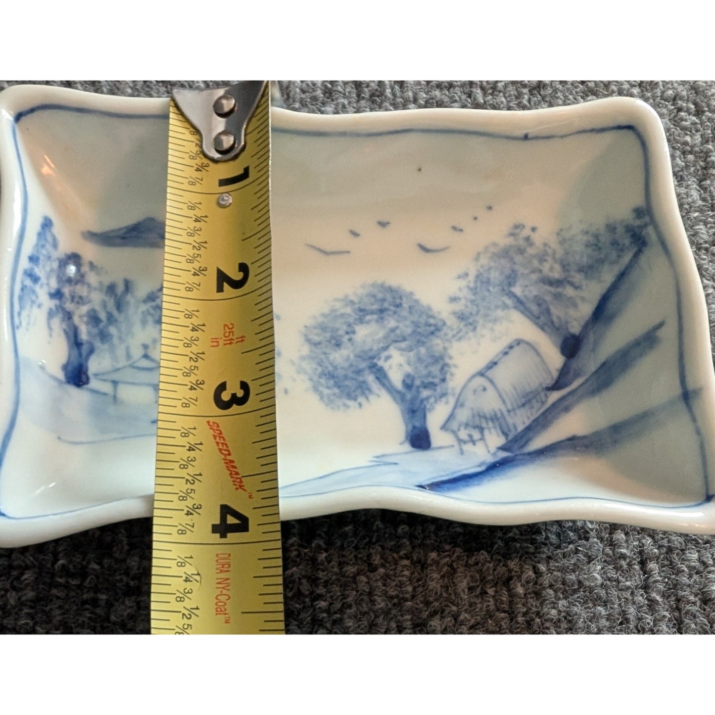 Antique Blue White Scalloped Edge Oblong Misty Landscape Painted Dish