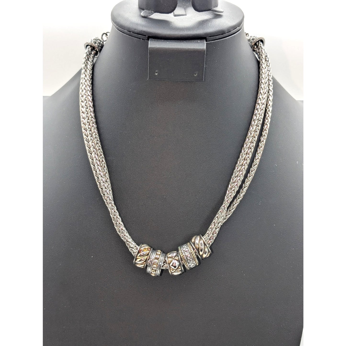 Chico's Silver Tone Triple Braided Chain Multi-Texture Rondelle Bead Necklace