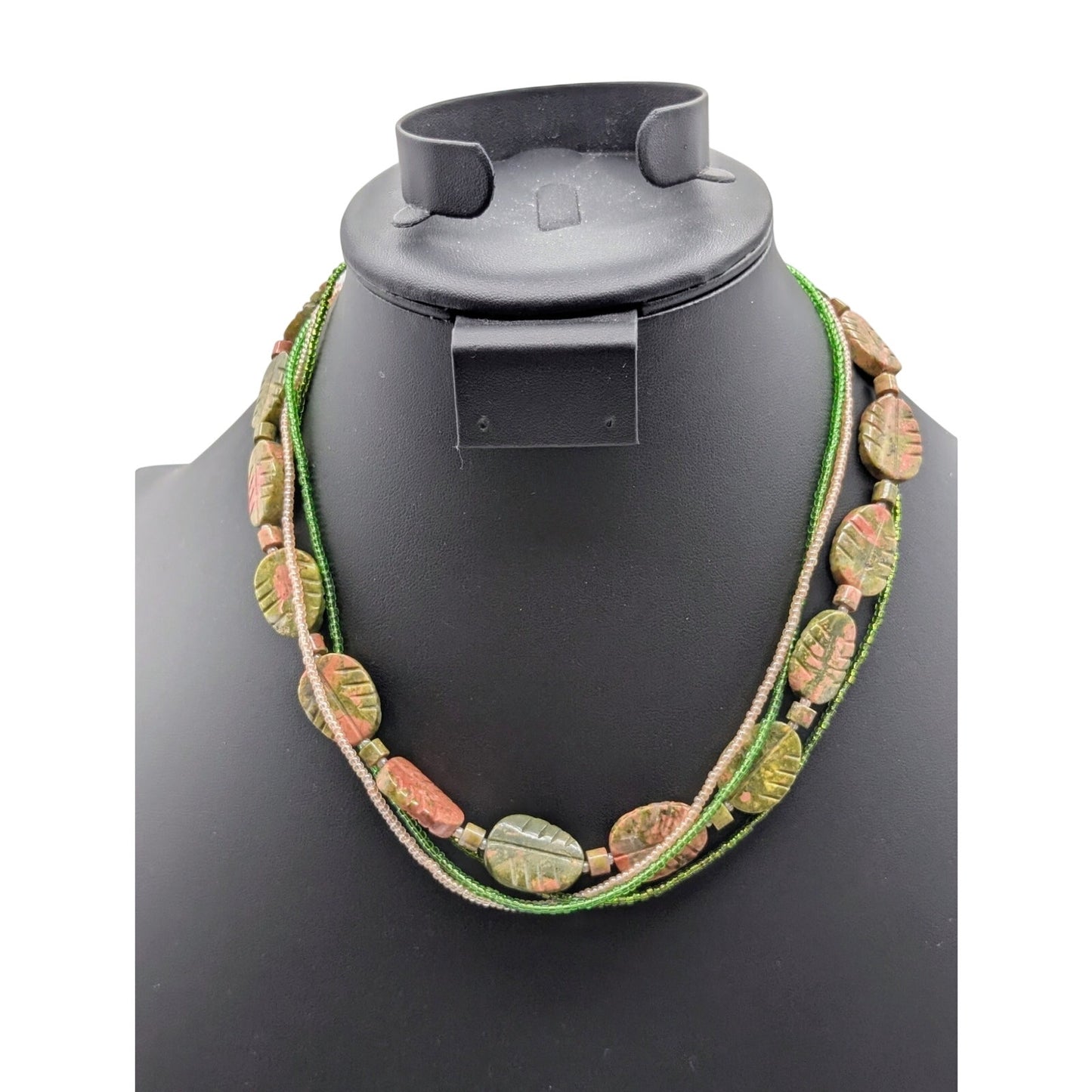925 Sterling Silver Carved Unakite Stone Multi-Strand Seed Bead Necklace
