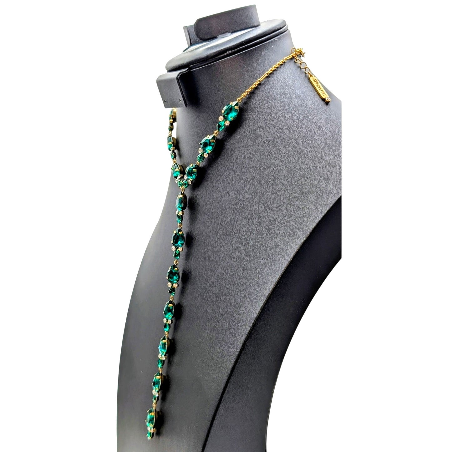 Sherri Hill Gold Tone Metal Green & Clear Rhinestone Long Y 15"-18" Necklace