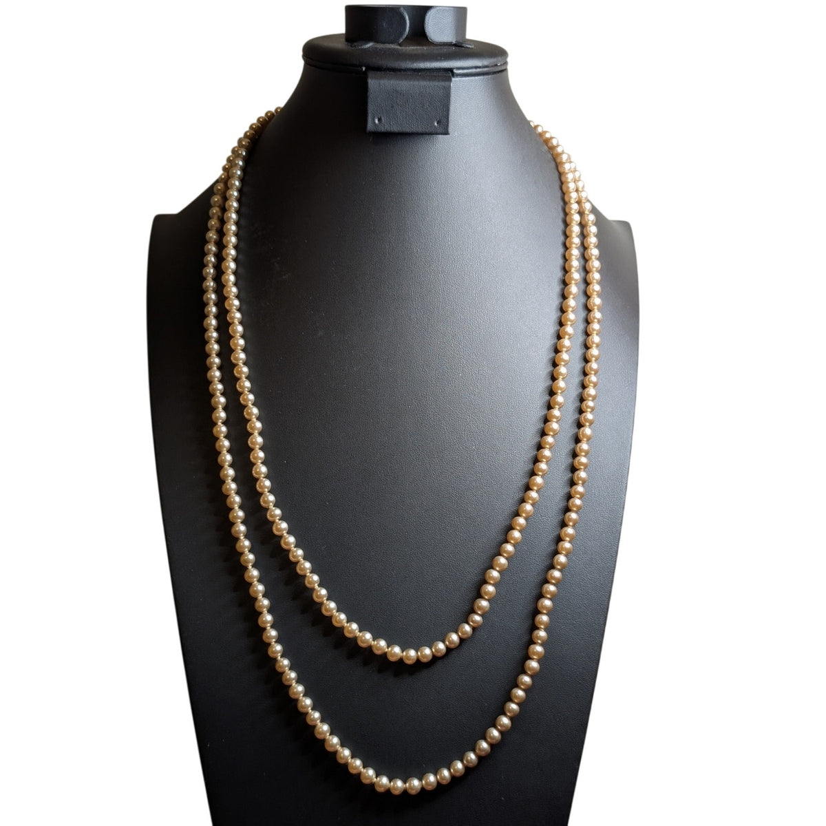 Vintage 58" Long 5-6mm Faux Champagne Pearl Rhinestone Slide In Clasp Necklace
