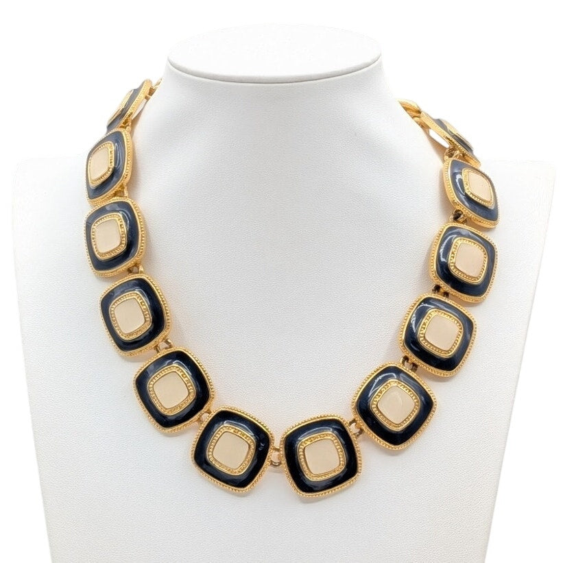 Vintage 80s Chunky Navy Cream Enamel Gold Tone Chain Fold Over Clasp Necklace