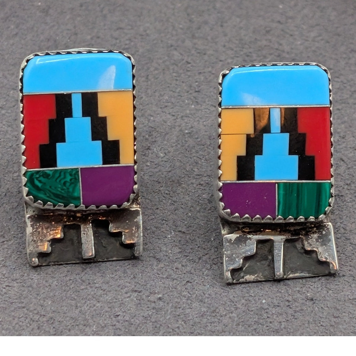 Vtg Hand-Signed Cursive 'Jackson Sterling' Silver Gemstone Inlay Post Earrings