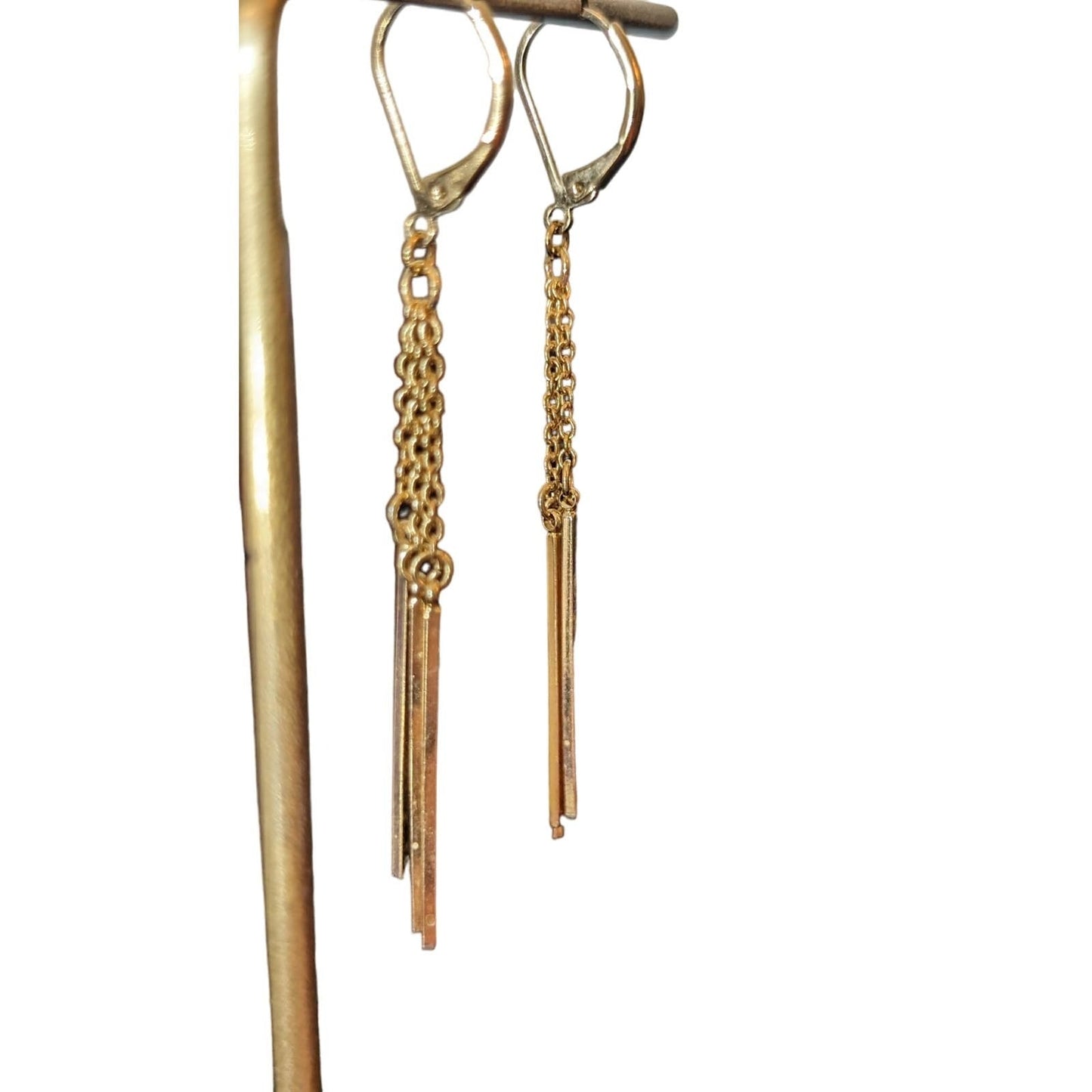 Triple Chain Bar Dangle Gold Tone Leverback Earrings