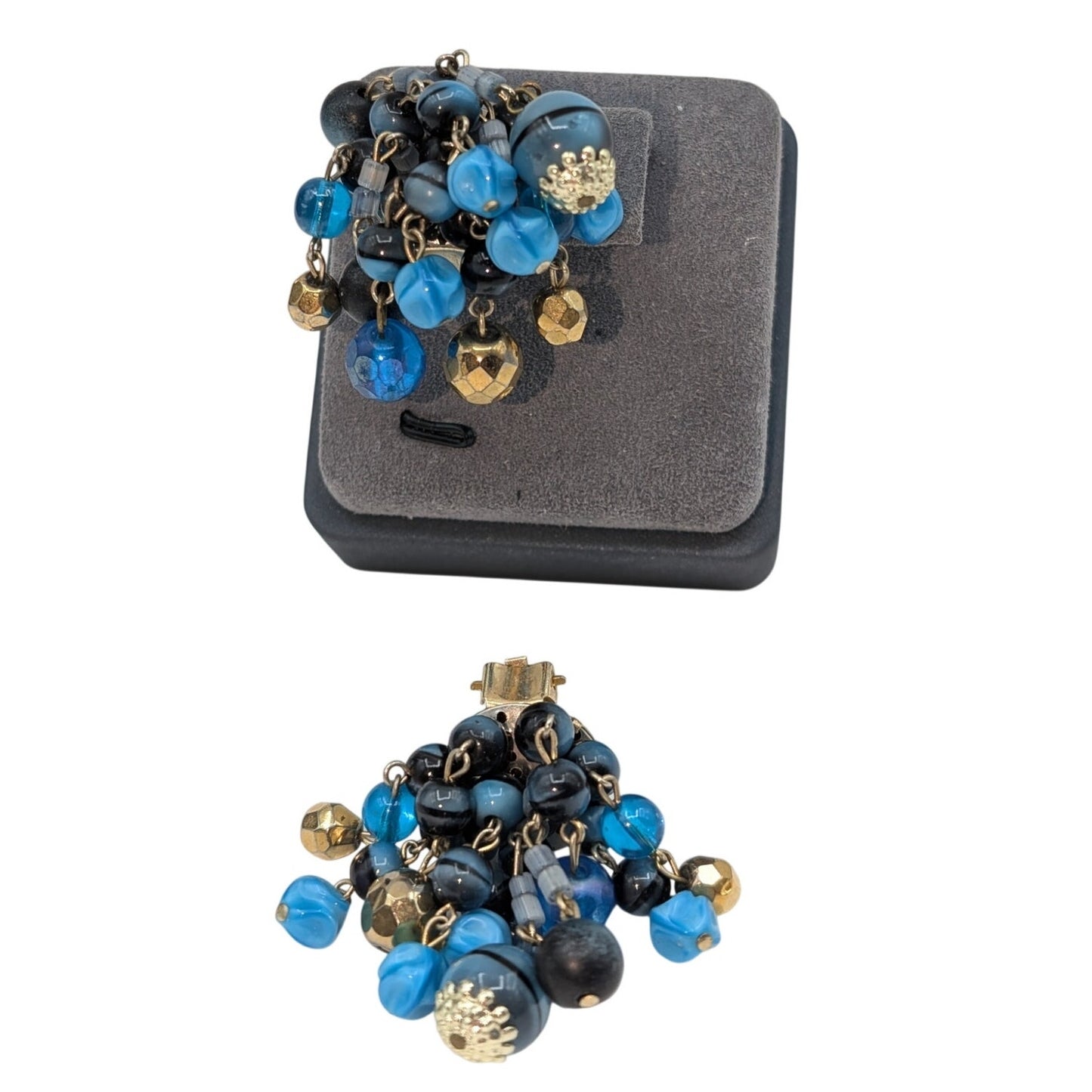 Vintage West Germany Blue Gold Bauble Bead Dangle Clip On Earrings