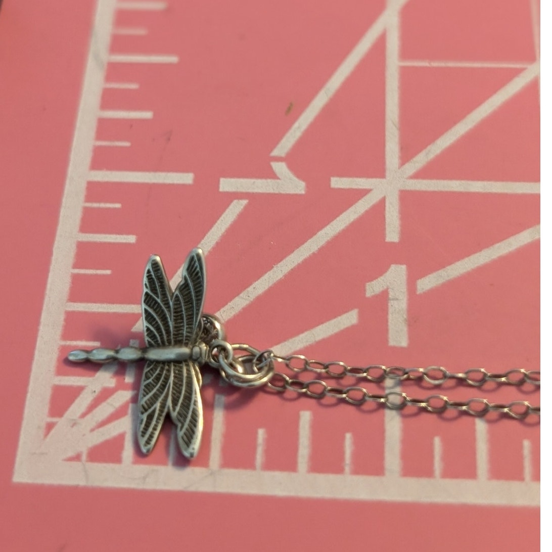 925 Sterling Silver Dragonfly Pendant W/ Rhinestone Dangle on 20" 925 Chain