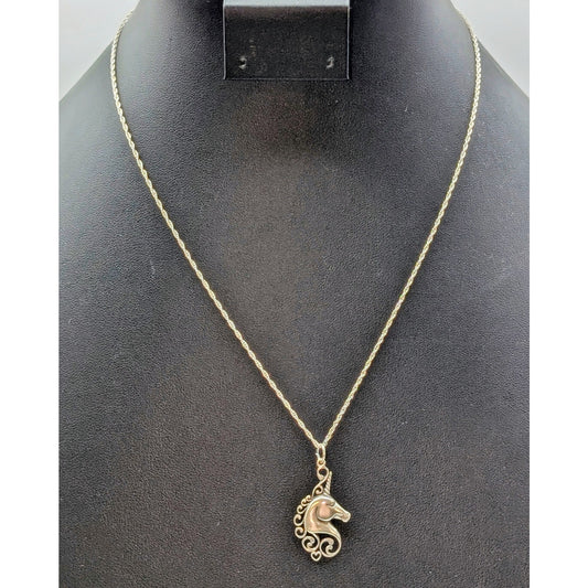 Vintage 1983 925 Sterling Silver Unicorn Pendant Charm Rope Chain 18" Necklace