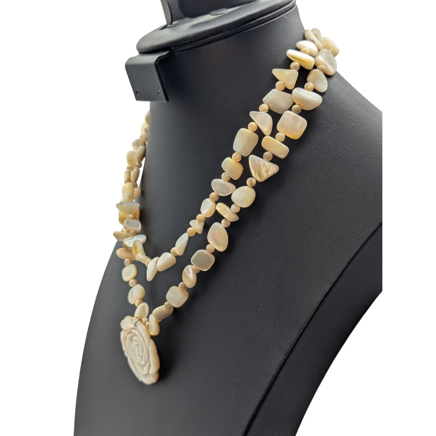 Vintage 925 Sterling Mother of Pearl Two Strand Bead Rose Pendant Necklace