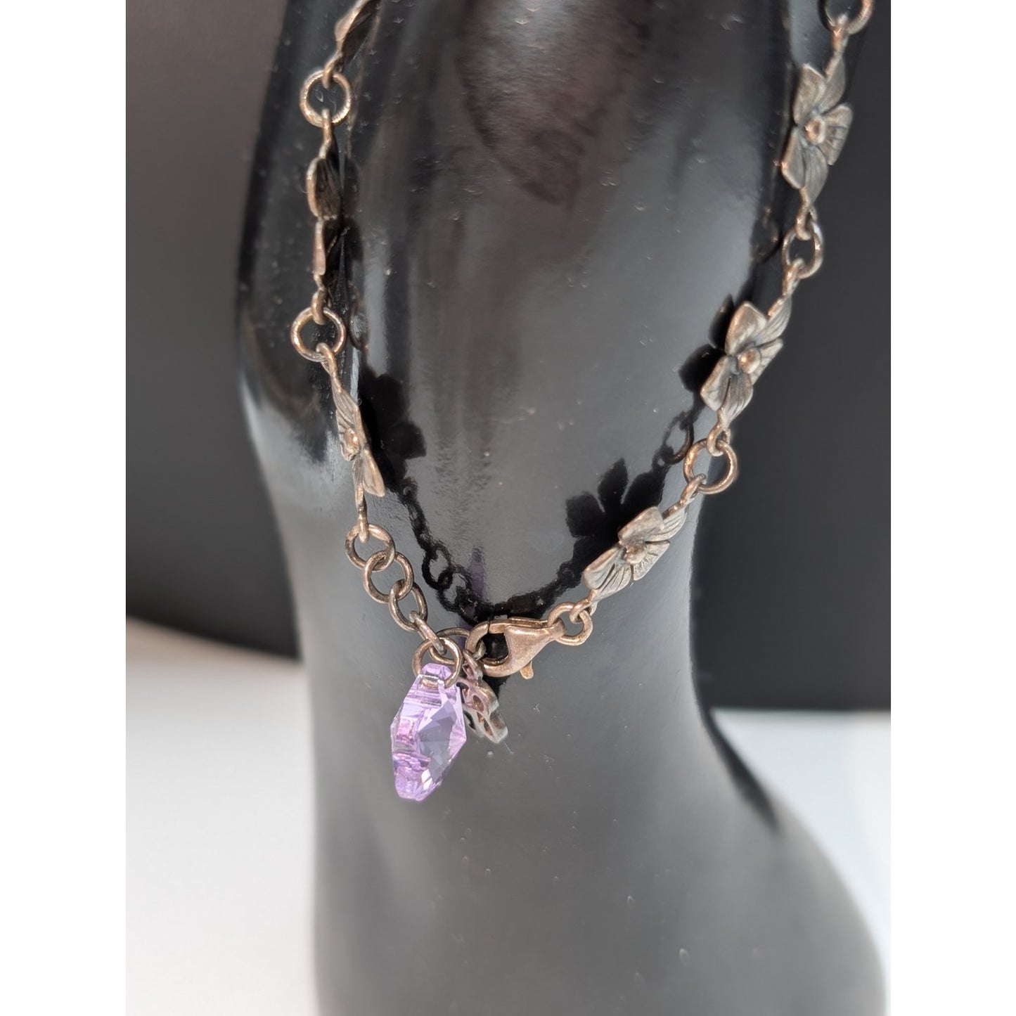 Vintage 925 Sterling Silver Flower Station Purple Crystal Flower Charm Bracelet