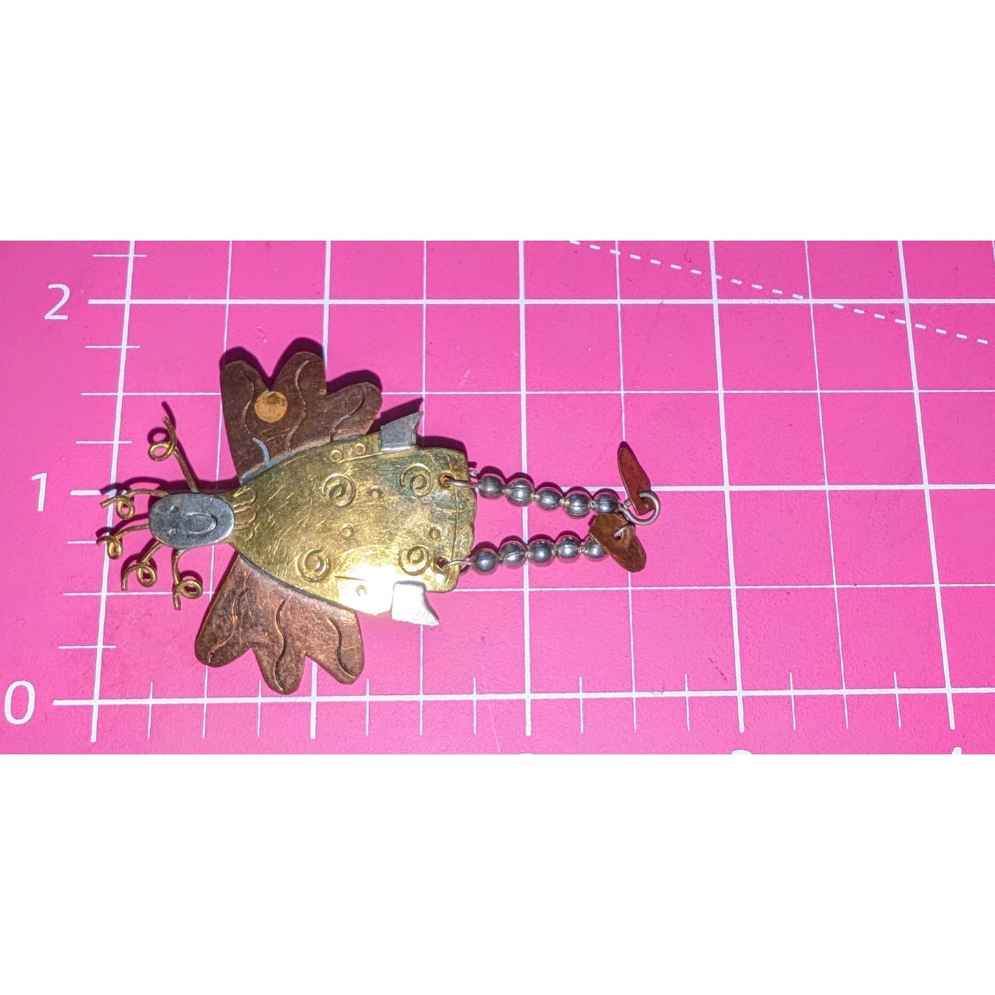 Tri-Color Metal Crazy Hair Folk Art Angel Pin W/ Dangling Legs