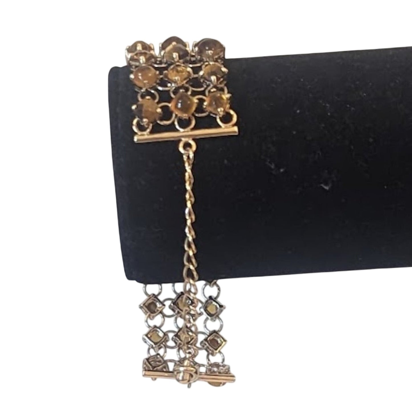 Faceted Tiger's Eye & Brown Bead Three Strand Gold Filled Link Chain Bracelet