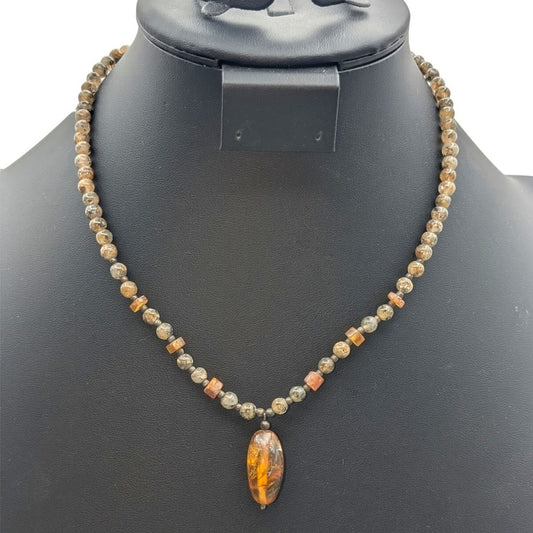 Vintage Boho Stone Bead Amber Pendant Toggle Clasp 17.5" Necklace