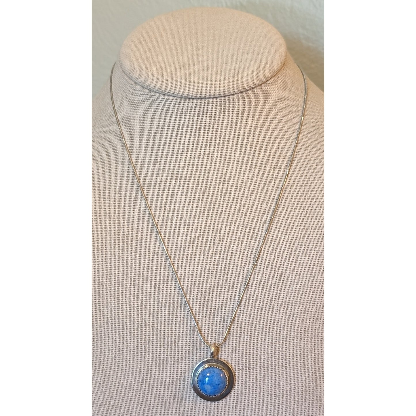 Signed OP Sterling Silver Round Blue Quartz on Unique Cut 925 18" Chain Necklace