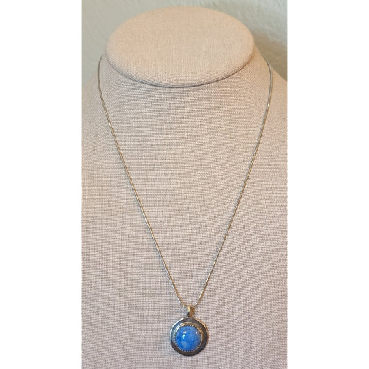 Signed OP Sterling Silver Round Blue Quartz on Unique Cut 925 18" Chain Necklace
