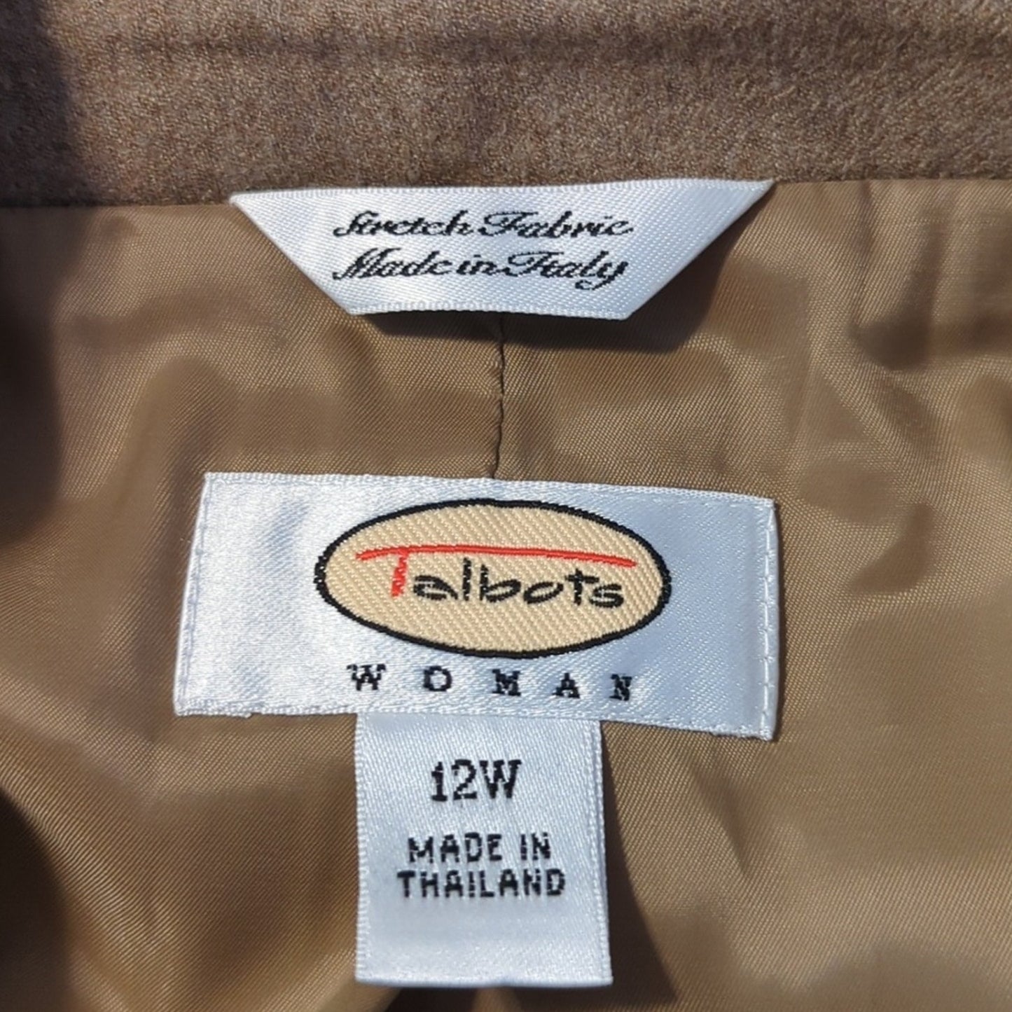 Talbots Tan Stretch Fabric Made in Italy Three Button Blazer Womens Plus Sz 12W