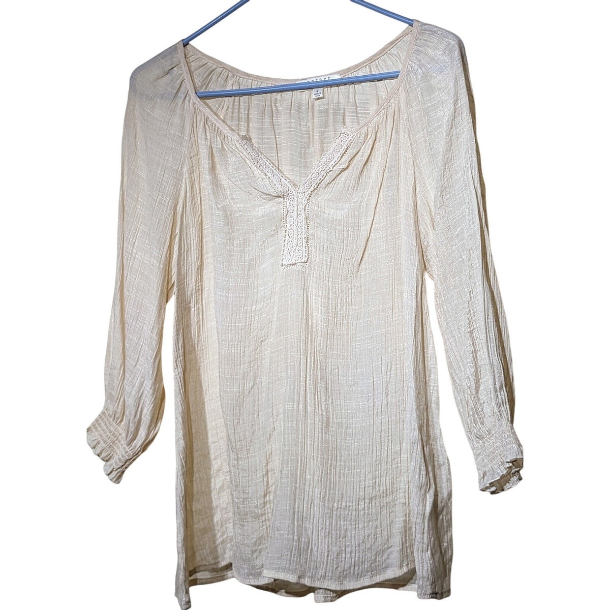 Spense Cream Gauzy Lightweight Airy Lace Neck 3/4 Sleeve Tunic Top Womens Sz S