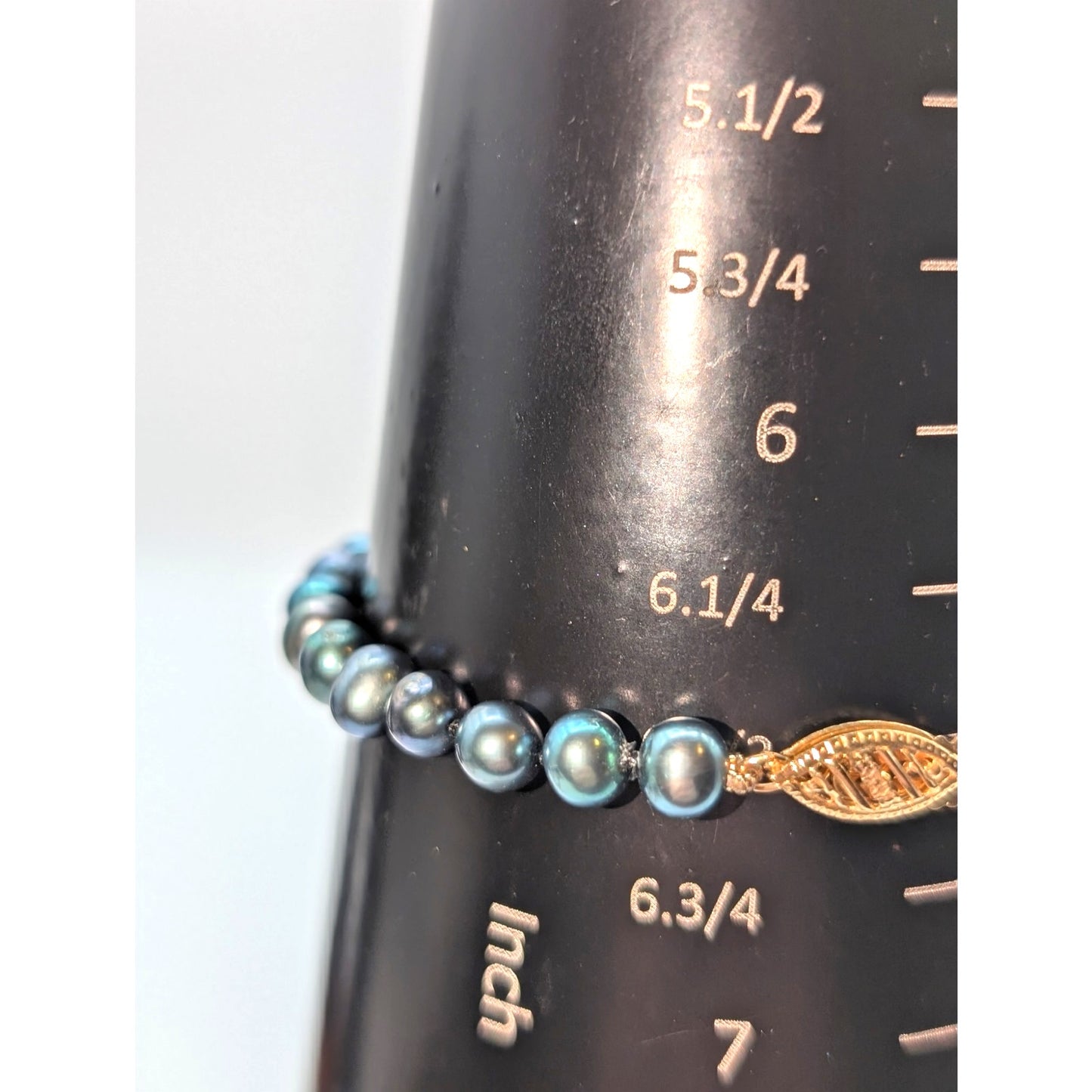 5mm Blue Green Hand Knotted Pearl Bracelet 14K Gold Filigree Slide In Hook Clasp