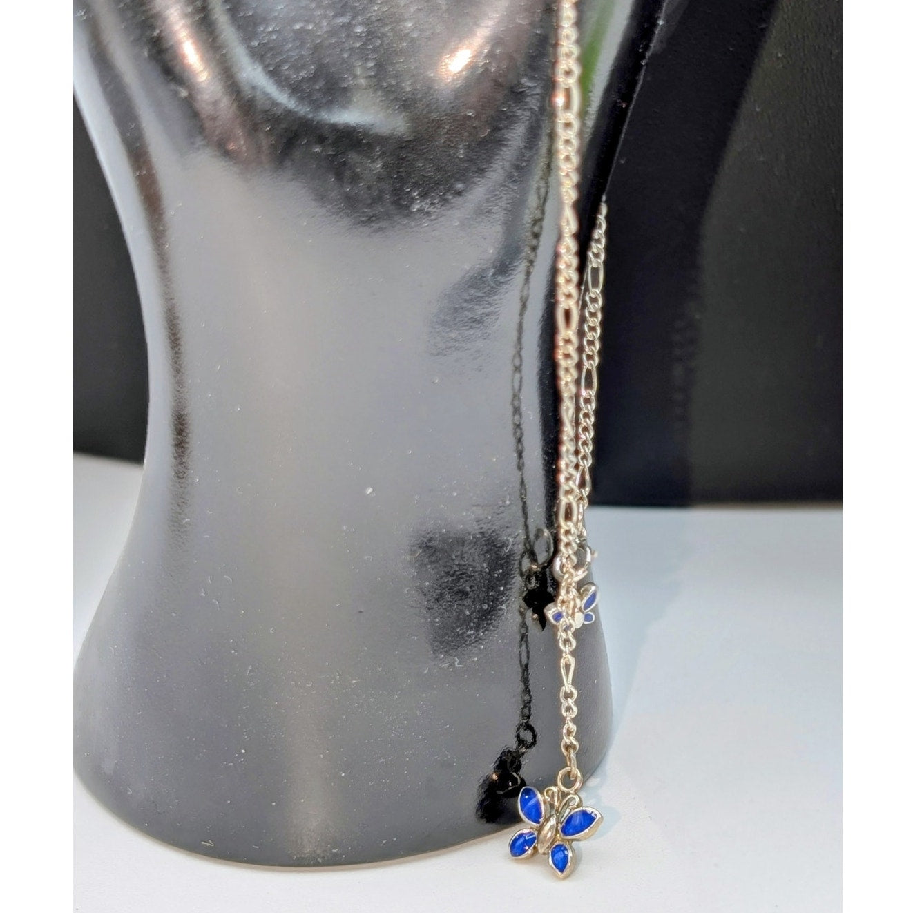 Vintage Figaro Chain Dangling Blue Enamel Butterfly 925 Sterling Silver Anklet