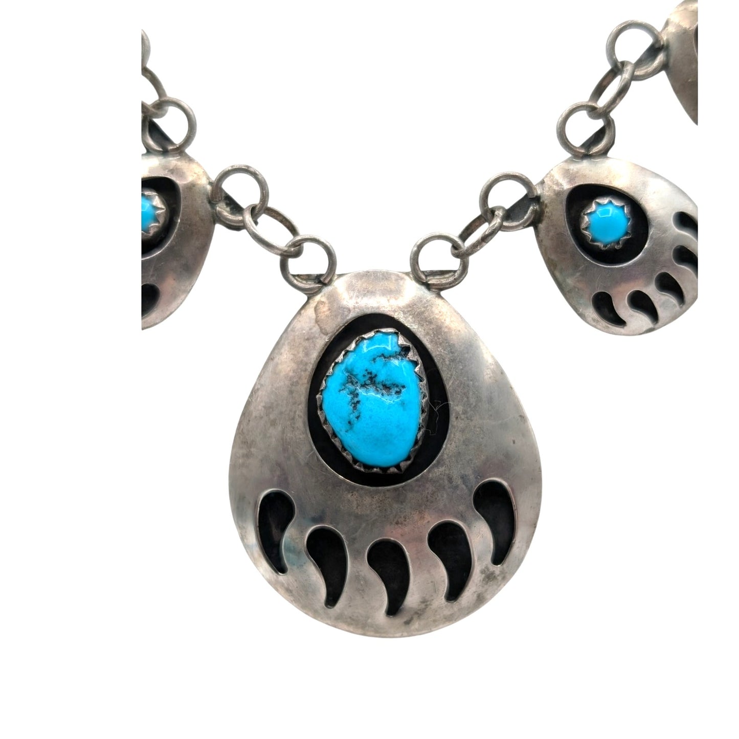 Vintage Navajo Signed SJ Sterling Silver Turquoise Bear Claw Chain 19" Necklace