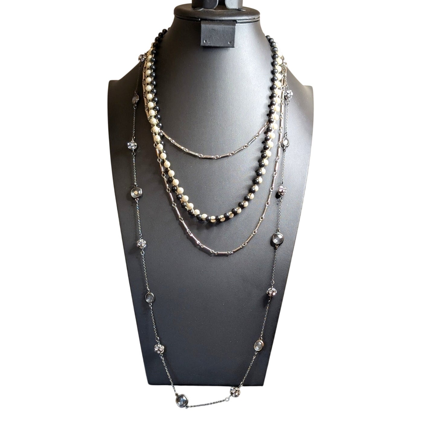 Lot of Three Layered Black White Silver Gunmetal Crystal Pearl Necklaces