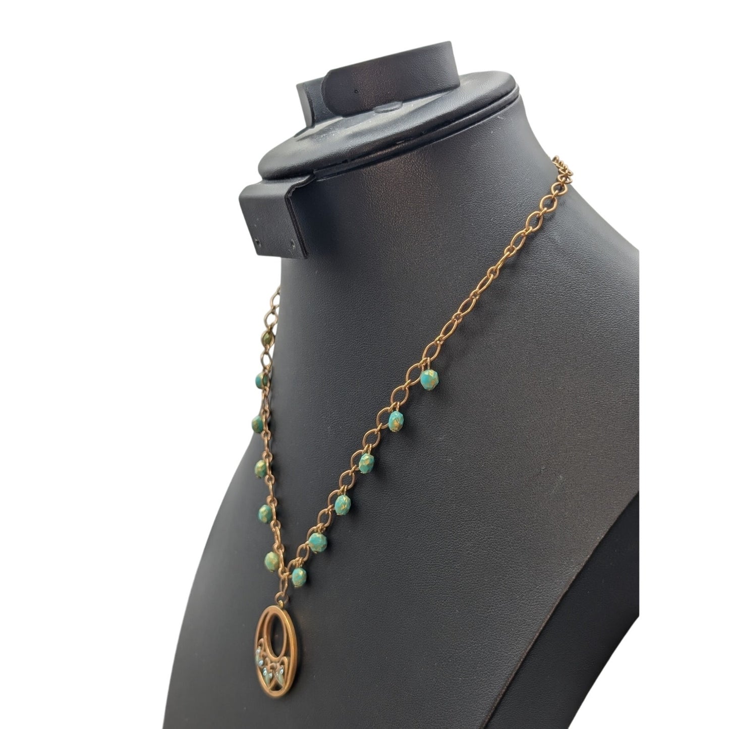 Premier Designs Gold Tone Never Ending Green Enamel & Crystal Pendant Necklace