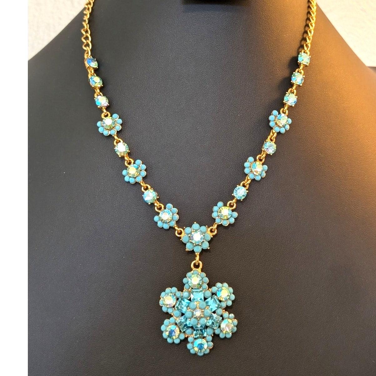 Authentic Cara Blue AB Crystal Gold Tone Pendant 16" - 20.5" Necklace