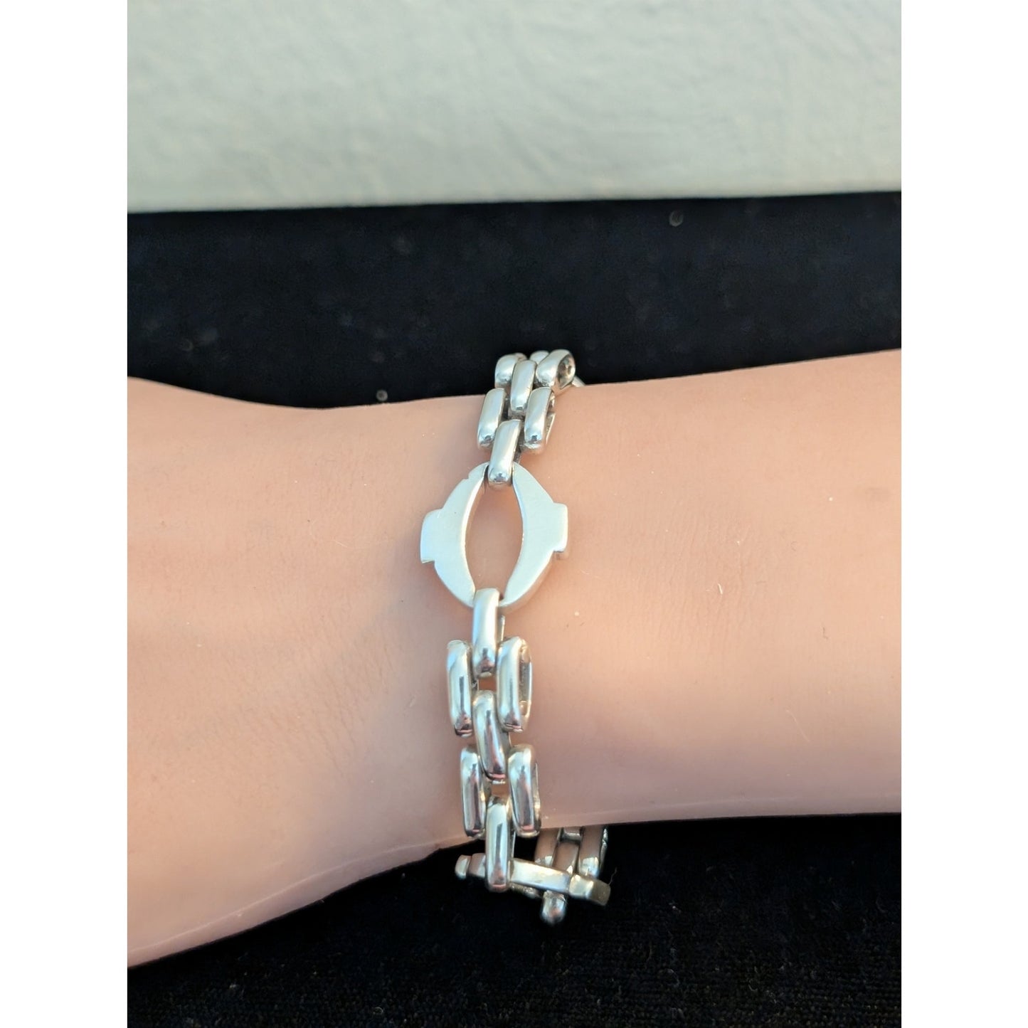 VTG Mexico Sterling Silver Panther Oval Link Solid Box W/ Tongue Chain Bracelet