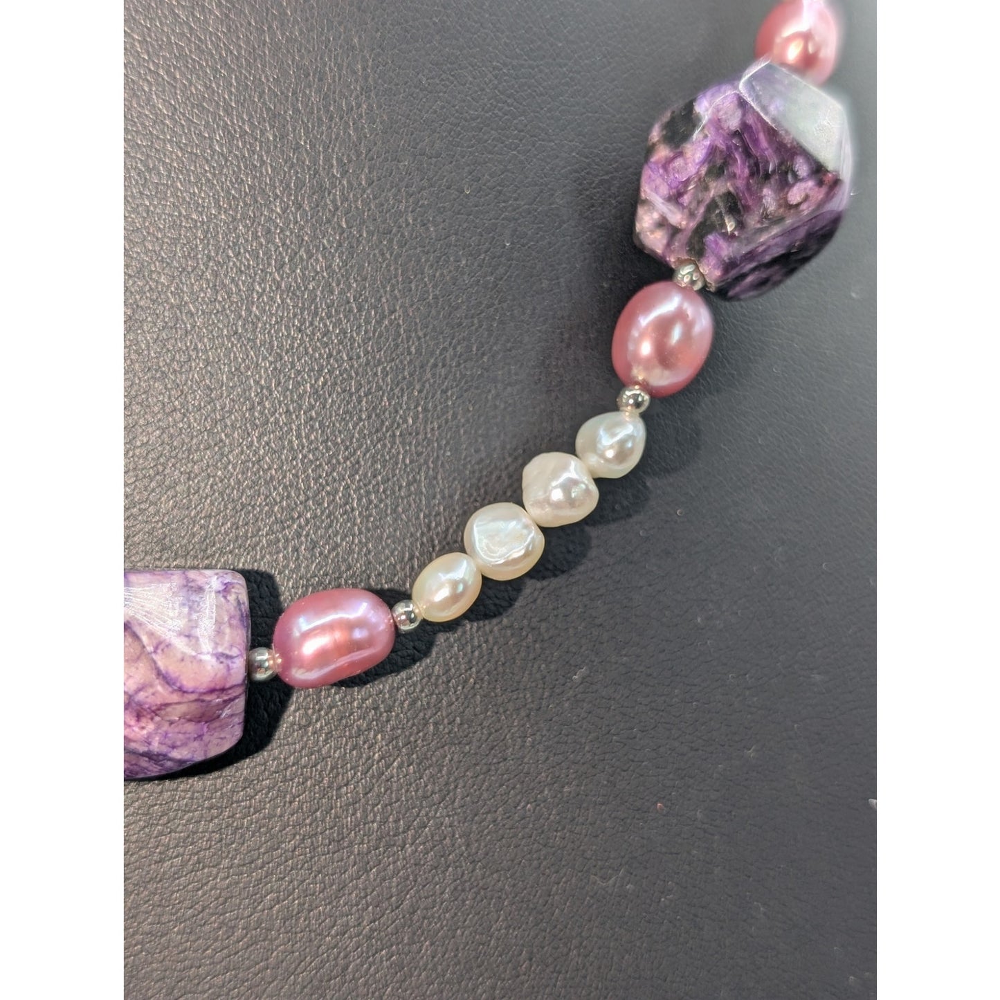 Lee Sands Purple Stone Freshwater Pearls Silver Tone Clasp 18" Necklace