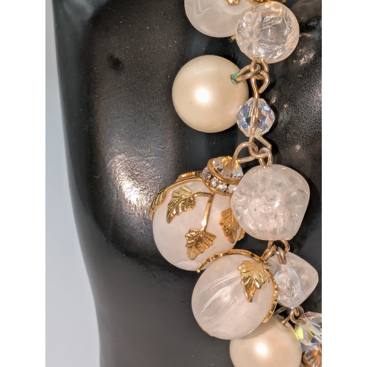 Vintage Deauville 1950s-1960s Faux Pearl Lucite Golden Leaf Bauble Bracelet