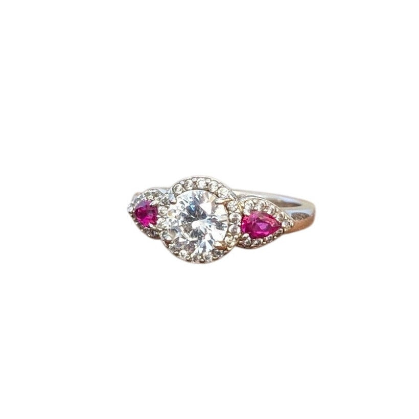 925 Large Round CZ & Lab-Created Ruby Trillion Accent Stone Engagement Ring Sz 8