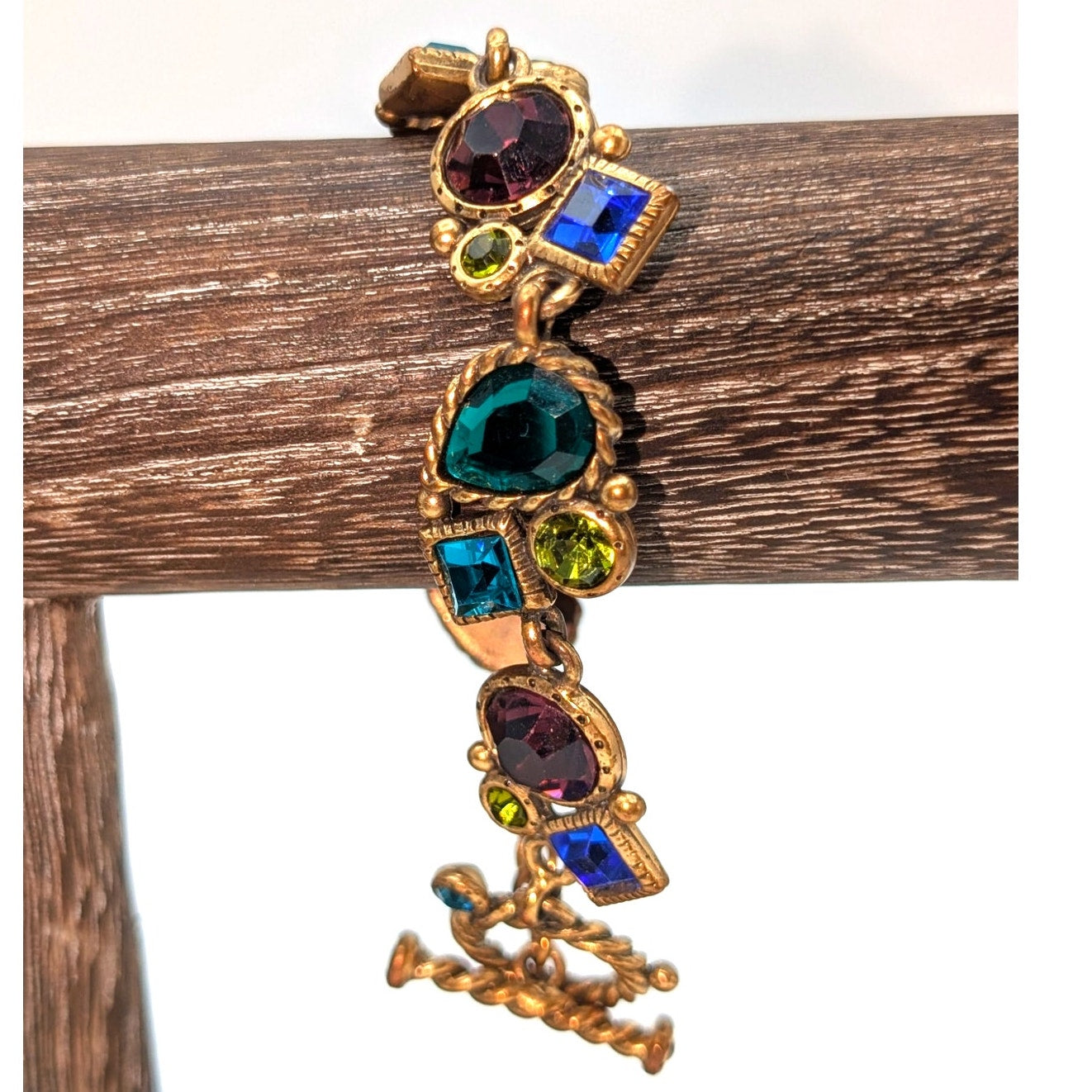 Vintage Multi-Gem Multi-Shape Gold Tone Toggle Clasp 8" Bracelet