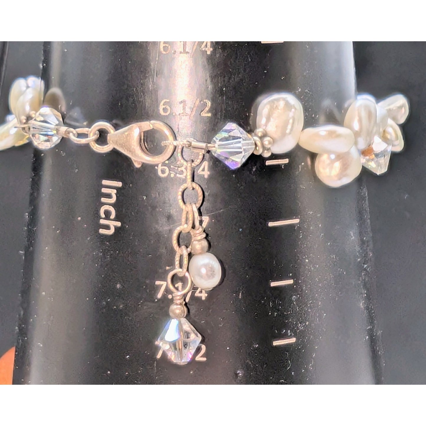 925 Sterling Silver Genuine Pearl Austrian AB Crystal W/ Dangles Bracelet