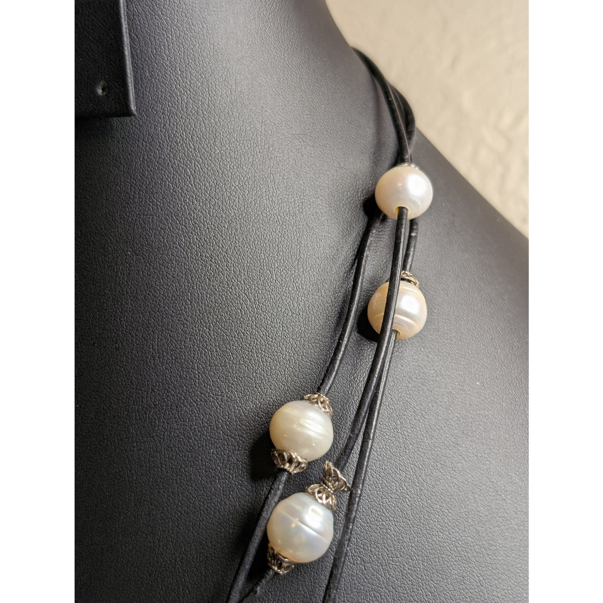 925 Sterling Three Strand Floating Genuine Freshwater Pearl Corded Necklace