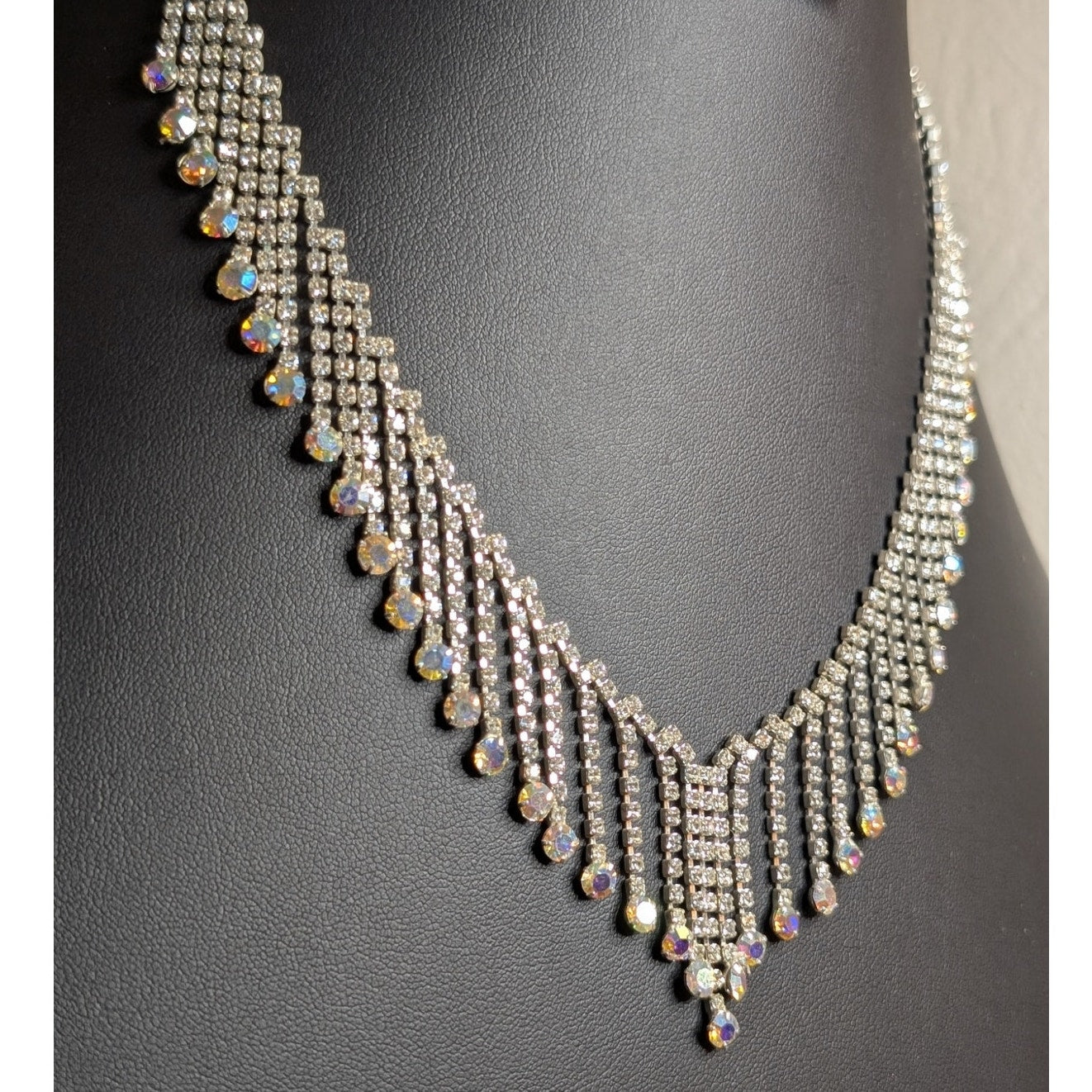Rhinestone AB Crystal Fringe Dangle Silver Tone 17"-18" Necklace