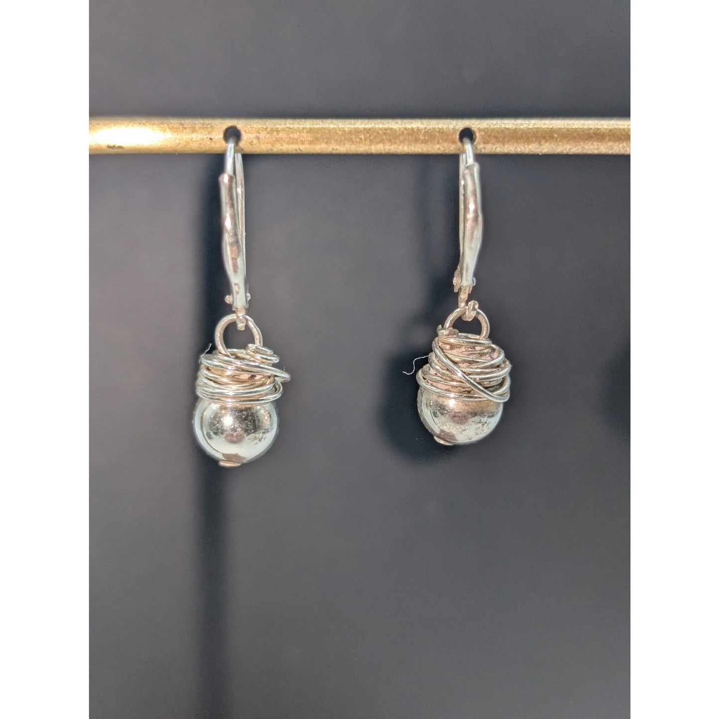925 Sterling Silver Wire Wrapped Ball Lever Back Dangle Earrings