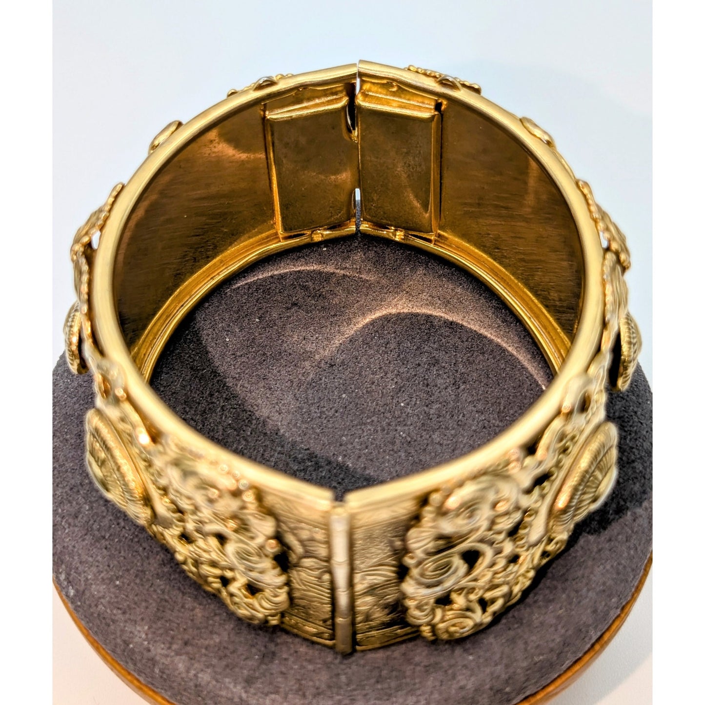 Vintage Victorian Revival Repousse Hinged Gold Tone Estate Bangle