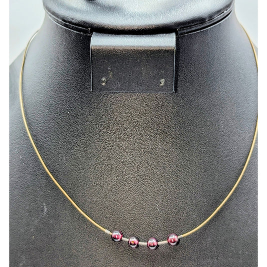 Vintage 925 Sterling Clasp Wire Cord Four Garnet Bead 16.5" Choker Necklace