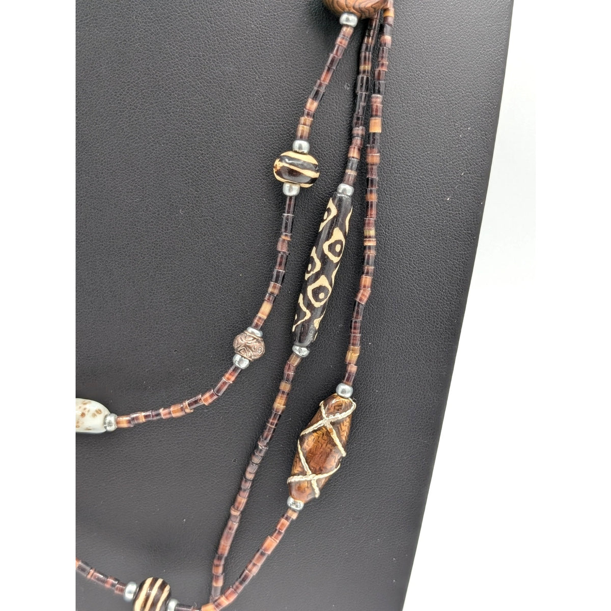 Chico's Art Glass Brown/Copper Silver Tone Bead Three Strand Tribal 32" Necklace